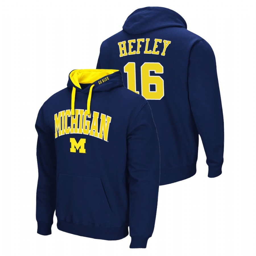 Michigan Wolverines Men's NCAA Ren Hefley #16 Navy Arch & Logo 2.0 Pullover College Football Hoodie CLZ2649ZJ